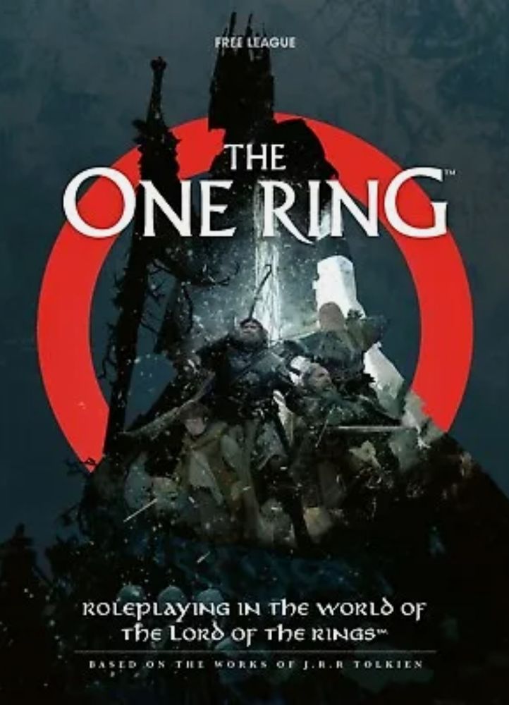 The One Ring ttrpg game book title. It shows adventurers in fantasy clothing against the shadowed background of Sauron's armor. Subtitle: "Role-playing in the world of The Lord of the Rings"