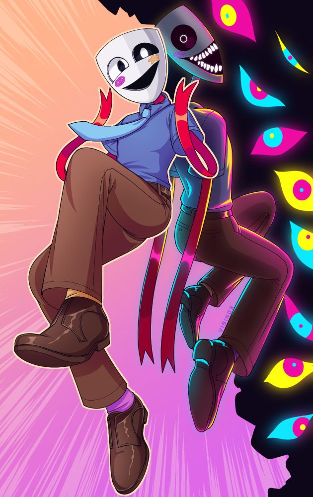 Two depictions of Gangle, both wearing a blue work shirt , brown slacks, brown work shoes, a blue tie, and pink and yellow socks, as well as having the mask from the recent episode. 

The one in the foreground looks happy and excited, her pose reflecting that. The other depiction behind her has the spooky mask from Ragatha's stupid sauce trip. She is more shrouded in shadows with intense rim lighting, reflecting the pink, cyan, and yellow of the abstracted in eyes within the background. 

The background on the darker side is black and in the shape of an abstracted creature, the brighter side has a orange and pink background with animesque speed lines. 