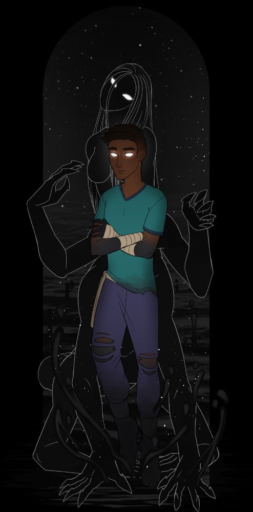 Herobrine and White Eyes stand framed by an arch top background depicting the void. It looks like a dark vast ocean, with light particles floating in their air. Drips of void fluid float upwards in the foreground and background.

White Eyes stands behind Herobrine. She is a pitch black young looking woman with long hair, bright white eyes and no mouth. She has no arms on her upper torso, but she has six sets of arms below as the rest of her body consists of three more connected torsos. 

Herobrine floats in front of White Eyes. He has short brown hair with a fade, and glowing blank white eyes. He wears a slightly ripped and stained teal v-neck shirt, and navy pants that are ripped at his knees. His appendages fade into a dark color, and his arms and waist are wrapped with bandages.  