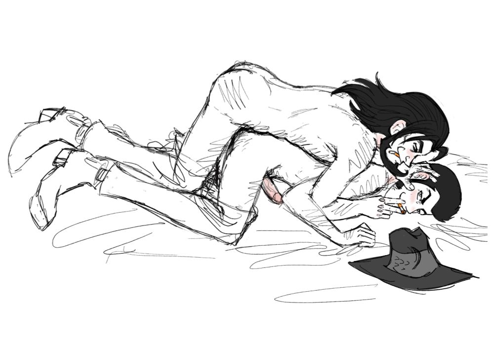 Sketch of a two men having sex. The one on top is pinning down the bottom and holding a cigarette up to his mouth. 