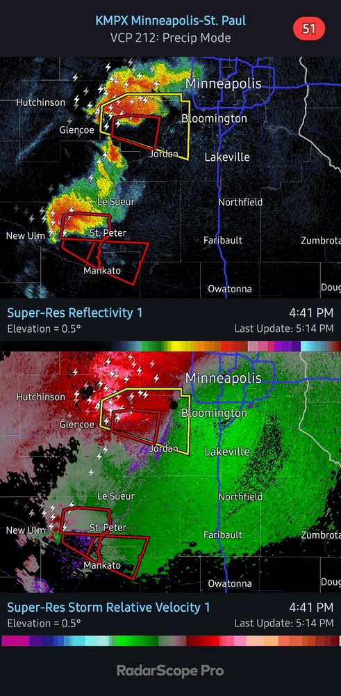 Current radar loop (base reflectivity and Storm relative velocity split window), across southeastern Minnesota, including the Minneapolis metro.