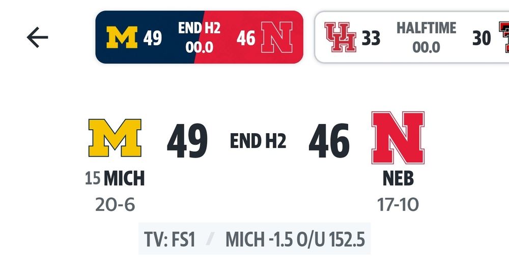Final score of Michigan-Nebraska men's basketball game. Michigan 49, Nebrasketball 46.
