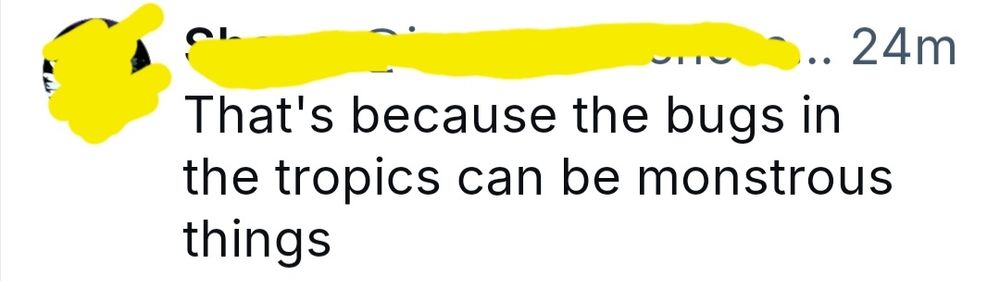 Skeet with name and profile marked out, reading: That's because the bugs in the tropics can be monstrous things.