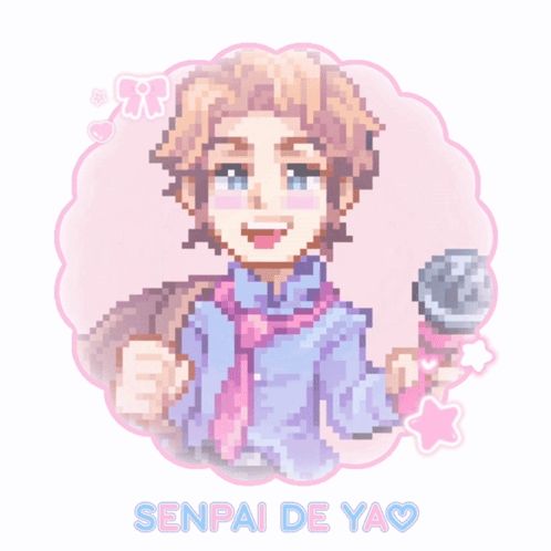 a pixel art drawing of a boy with the words senpai de yao on the bottom