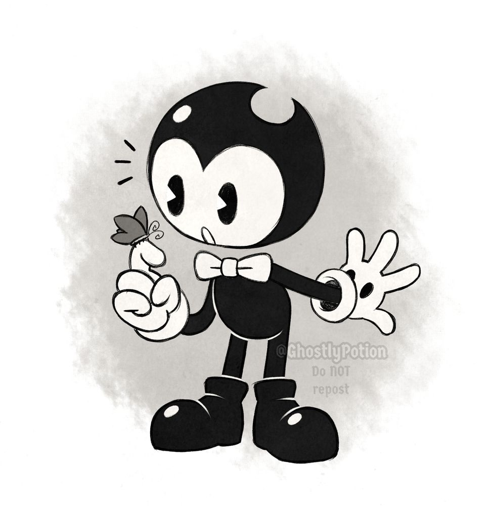 a black and white drawing of Bendy, marveled by a butterfly standing on his finger

