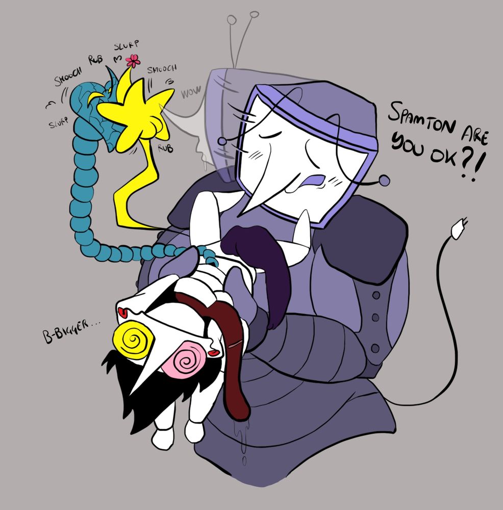 Tenna: SPAMTON ARE YOU OK?! *looks at the two lil guys and drools* wow.
Spamton: B-BIGGER...