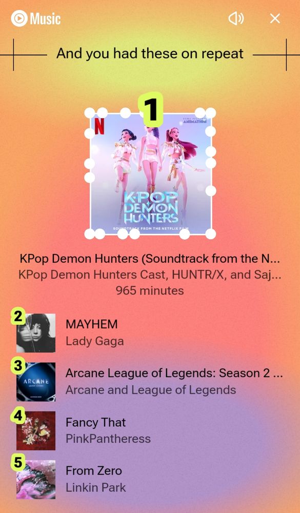 Print do YouTube Recap com top álbuns. 1: K-pop Demon Hunters Soundtrack. 2: Mayhem, Lady Gaga. 3: Arcane League of Legends Season 2 Soundtrack. 4: Fancy That, PinkPanthress. 5: From Zero, Linkin Park.