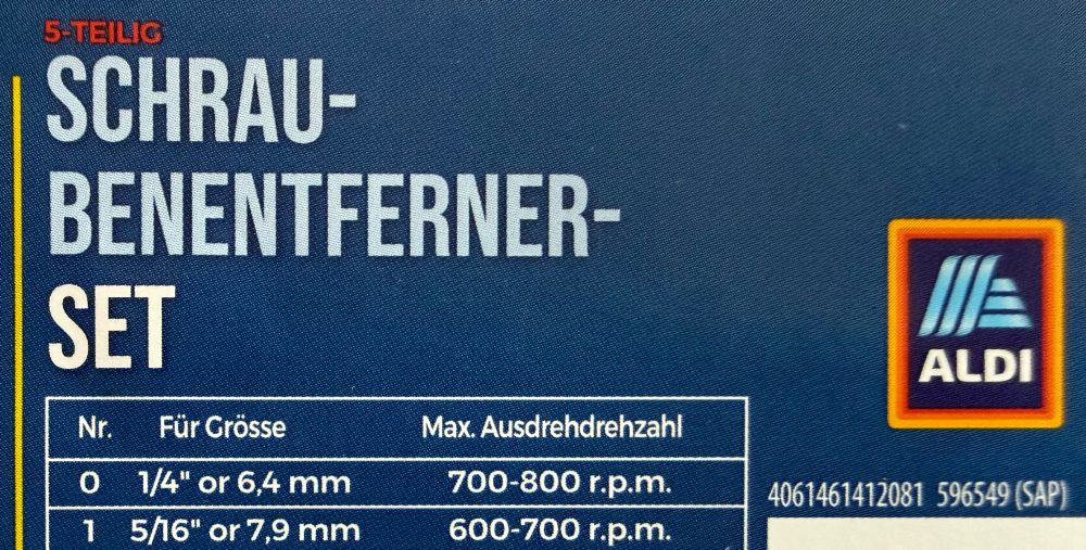 Etikett eines Aldi-Schraubenentfernersets, das aus nicht nachvollziehbaren Gründen als Schrau-benentferner-set getrennt wurde