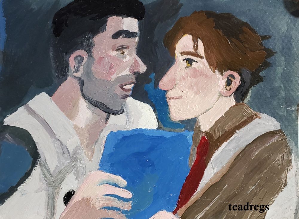 Jayce Talis and Viktor from Arcane looking towards each other. Jayce is holding a hextech blueprint.