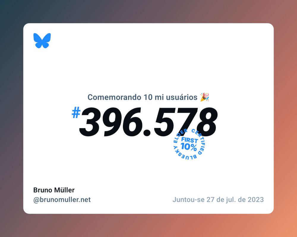 Cartão que diz que sou o usuário número 396.578 do Bluesky.