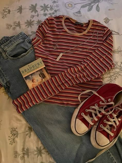 simple jewelry, a red and cream striped long sleeve shirt, a pair of blue jeans, and red converse shoes