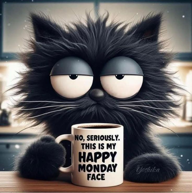 Das Bild zeigt eine stilisierte, karikaturhafte schwarze Katze mit einem überdimensionalen, leicht mürrischen Gesichtsausdruck. Sie hält eine Kaffeetasse in den Pfoten, auf der steht: „No, seriously. This is my Happy Monday Face.“ 