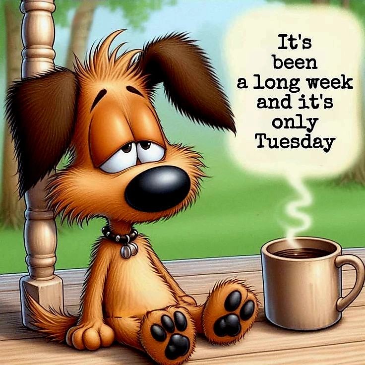 Das Bild zeigt einen Cartoon-Hund, der etwas erschöpft aussieht. Er sitzt auf einem hölzernen Untergrund, vermutlich einer Veranda, und neben ihm steht eine Tasse Kaffee, aus der Dampf aufsteigt. Über dem Hund steht in einer Sprechblase der Text "It's been a long week and it's only Tuesday" (Es war eine lange Woche und es ist erst Dienstag). Der Hintergrund ist unscharf und zeigt Bäume und grünes Gras.