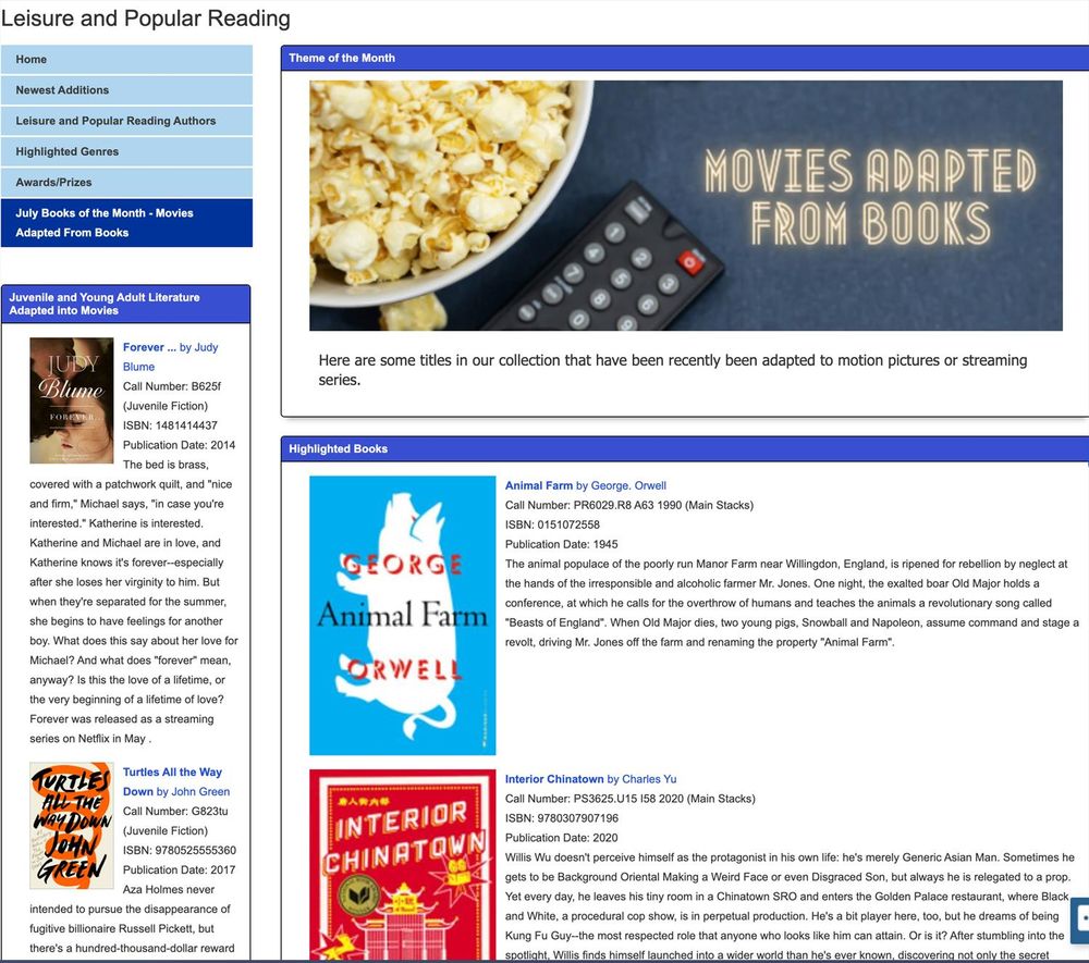 Screenshot from the Leisure Reading Guide showing a banner with popcorn: Books adapted into Movies
Listed books include Animal Farm, Interior Chinatown, Forever (Judy Blume), and Turtles All The Way Down.