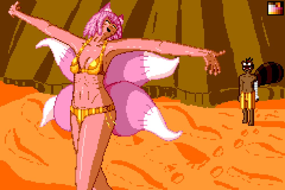 A Pixel Art of a Fox Girl (Kitsune) with pink hair and "fur", with arms open, looking behind herself, at her boyfriend, a Half-Human, Half-Tanuki hybrid. Both are at the beach, wearing golden beachwear.
#GoldenWeek #PixelArt