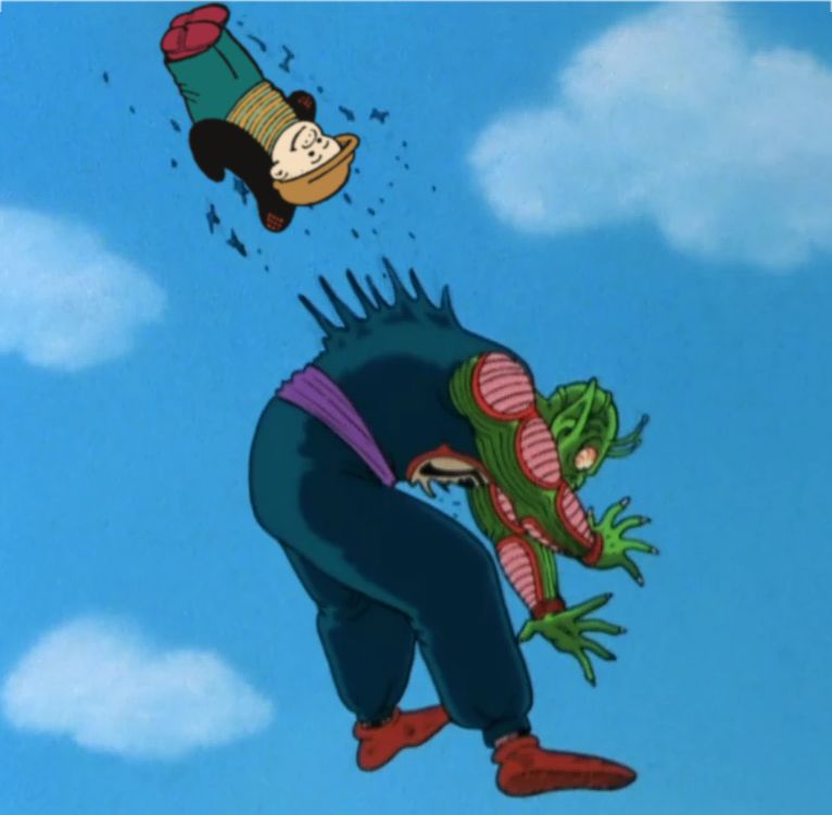 A photoshop of the classic Dragon Ball fight where Goku flies through Piccolo’s stomach, but with Sluggo instead of Goku