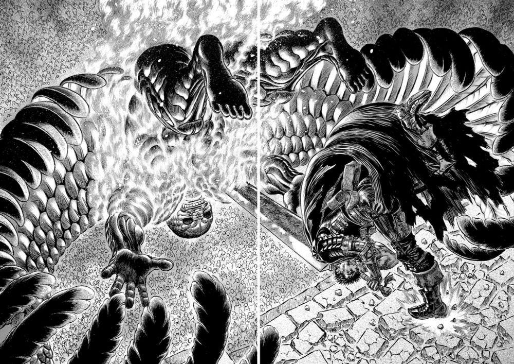 Guts flings a flaming Apostle Father Mozgus from the top of a castle wall