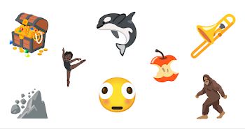 new emoji for 2025: Trombone, Treasure Chest, Distorted Face, Bigfoot, Fight Cloud, Apple Core, Orca, Ballet Dancers 