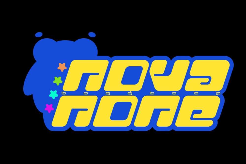 An image of the new Nova None logo. The logo is bright blue and yellow, with four stars on the side in magenta, cyan, green, and orange. A silhouette of Meteor is on the left side. In the middle of "Nova" and "None" is just another iteration of "Nova None" using a different font.