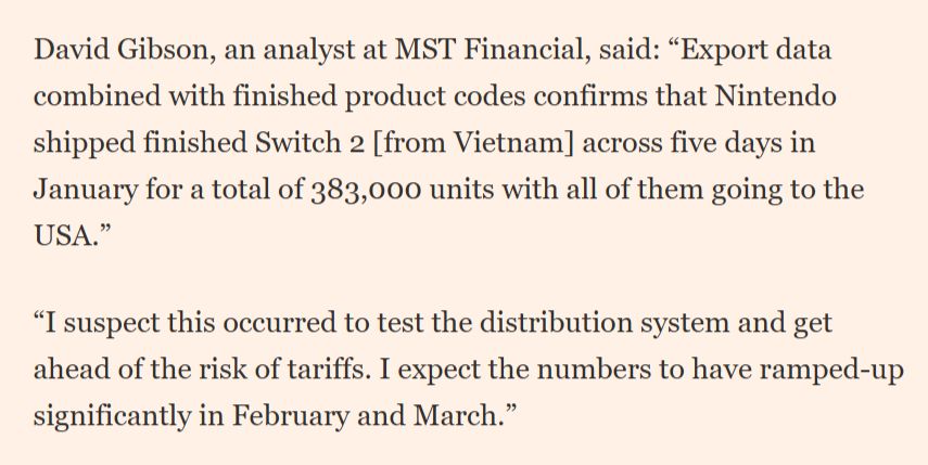 An analyst quote given to the Financial Times about how the US tarries are already affecting the supply of the Switch 2