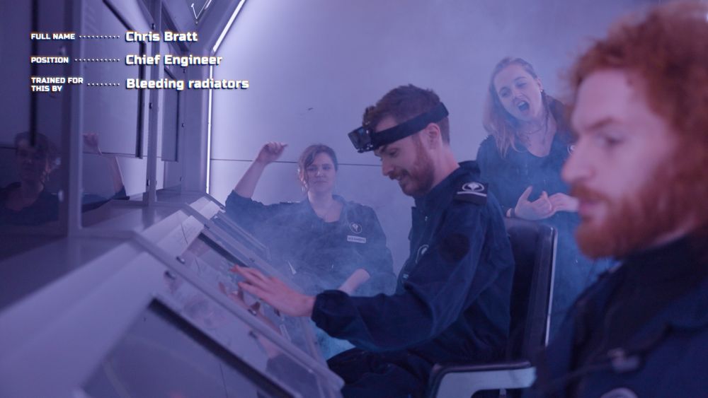 A still from our Bridge Command video showing Chris in the role of chief engineer