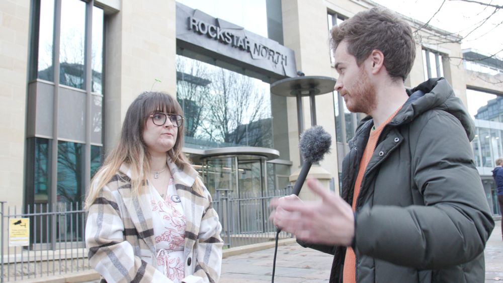 Chris interviewing a fired Rockstar union member outside the Rockstar North offices in Ediburgh.