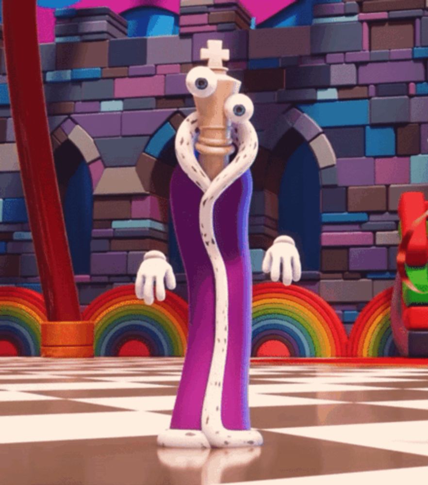 a cartoon character in a purple robe with a chess piece on his head