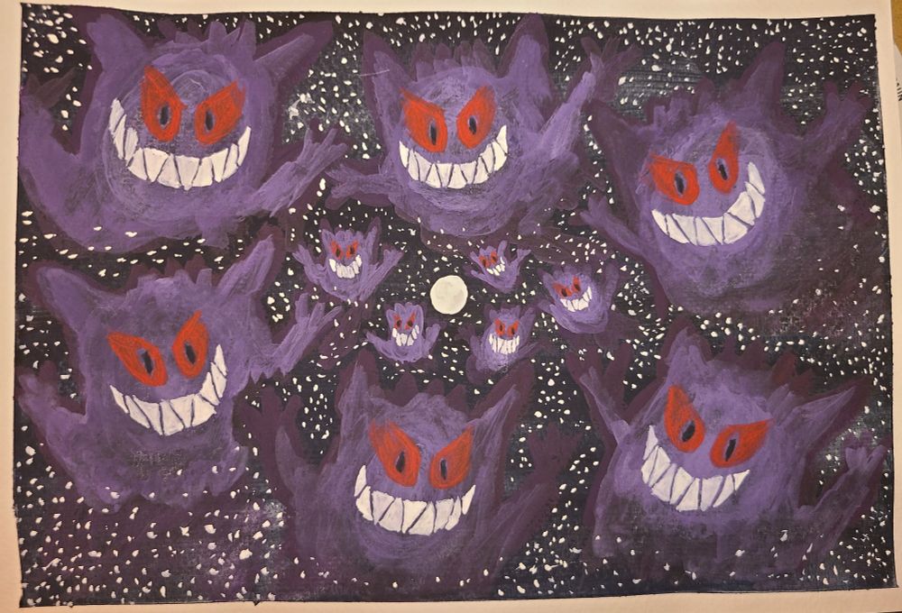 A gouache painting of several gengars flying in spirling clouds with a full moon in the middle. Not quite happy with them. I love painting gengar.