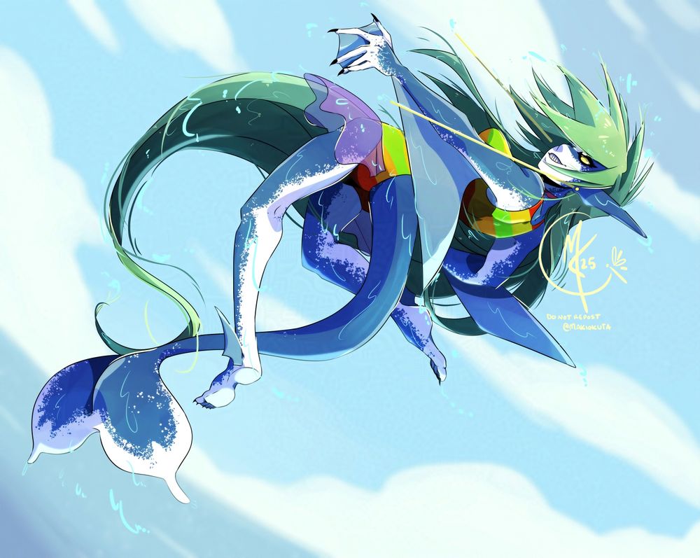 An illustration of my fishgirl OC, Mythril, in her most fishy form leaping out of the water and turning mid air, ready to crash back down. She's dressed for summer in a stripped swimsuit in various colours, a rare smirk on her face as she's in her element! Her tail, hair, fins, and frills are following the movement of her pose, adding a lot of high energy and fun!