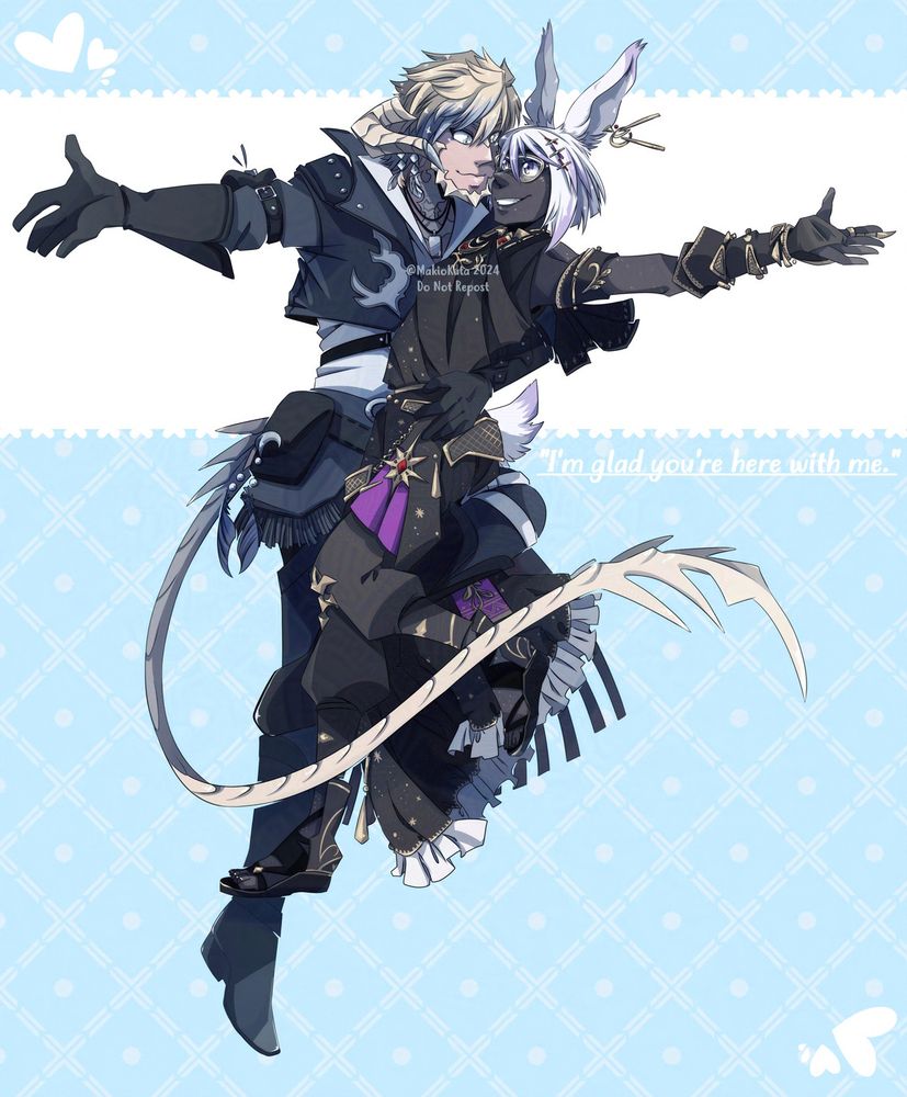 An illustration of Xarann and Thomas, ffxiv characters belonging to myself and a friend. Thomas is hoisting Xarann up with one of his legs, and pulling him in close while they each spread a hand out as they jump or fall together. They're eyes are locked in one anothers because they are so very in love. The background is light blue with a square pattern, embellished with hearts and the text "I'm glad you're here with me." 