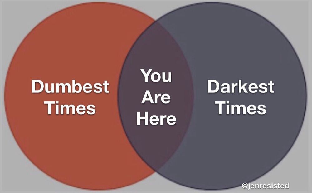 Venn diagram: Left: dumbest times Right: darkest times Overlap in centre: you are here.