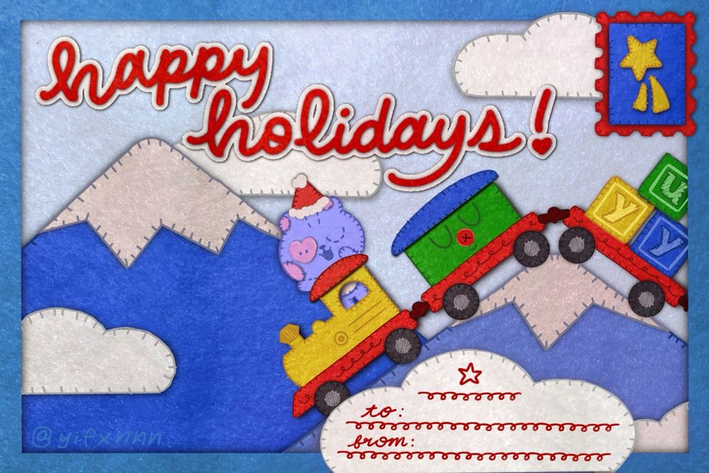 happy holidays post card of my oc bear, yuchu, in a toy train going over a mountain. The whole card is drawn in a felted,fabric style to give a silly 3D feel. 