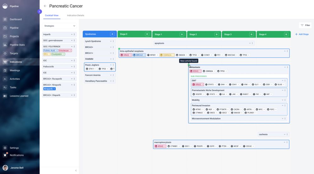 Pipeline is a platform for managing drug discovery programs. The Indication Management module helps scientists understand and visualise the target space for genetically complex diseases. The visualisation shows vertical swimlanes with green headers that represent the stages of the disease. Blue horizontal boxes that span these stages represent disease processes. Inside these disease processes are potential drug targets that play a role in those disease processes.