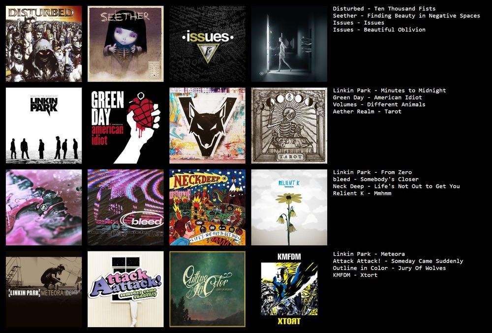 disturbed - ten thousand fists
seether - finding beauty in negative spaces
issues - issues
issues - beautiful oblivion
linkin park - minutes to midnight
green day - american idiot
volumes - different animals
aether realm - tarot
linkin park - from zero
bleed - somebody's closer
neck deep - life's not out to get you
relient k - mmhmm
linkin park - meteora
attack attack! - someday came suddenly
outline in color - jury of wolves
kmfdm - xtort