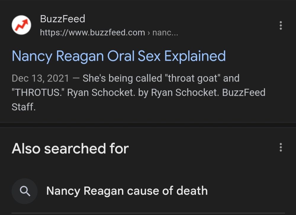 Google search results
BuzzFeed.com - Nancy Reagan Oral Sex Explained
People also searched for
Nancy Reagan cause of death