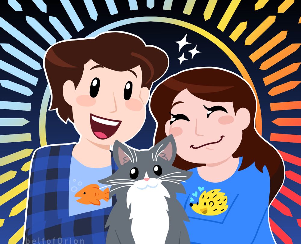 fanart for twitch streamers Byran and Amelia of DechartGames, with Theo in the middle