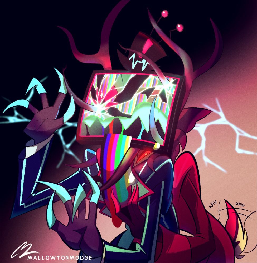 Alastor hugs Vox from behind possessively but his antlers spear Vox through the back of his television head.