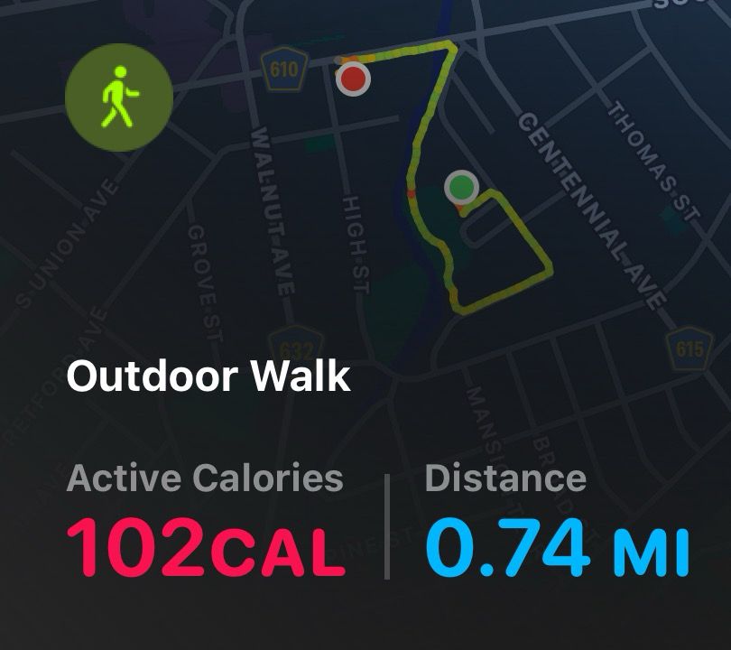 Walking workout map, calories, and distance.