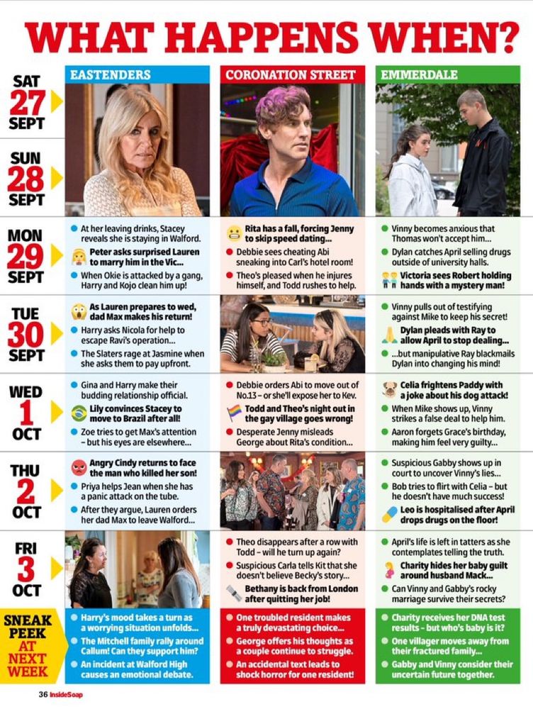 What’s happening the week of September 29th on EastEnders, Corrie, and Emmerdale. 
