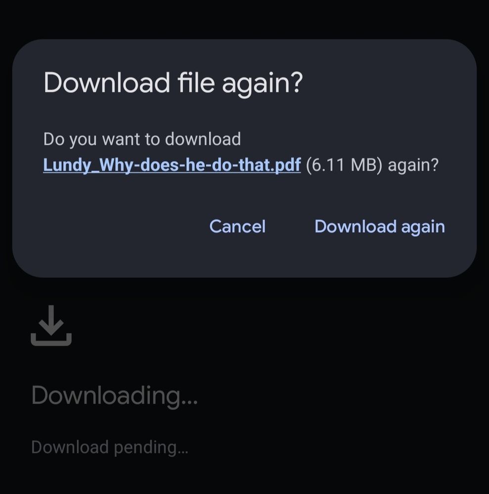 A screenshot of a browser window attempting to download Why Does He Do That by Lundy Bancroft; the text reads: "Downloading... Download pending..." The download has been interrupted by a notification that reads: "Download file again? Do you want to download Lundy_Why-does-he-do-that.pdf (6.11 MB) again?" Its buttons read "Cancel" and "Download again."

In case it's not obvious, this is a take on the ADHD Gothic meme. Wanting to read a book to understand people's hurtful behavior is classic autism. Forgetting that you already downloaded the book the last time someone recommended it is classic ADHD. Repeatedly being abused by men because your disability makes you especially vulnerable to abuse is a very common experience for women with ADHD and/or autism.