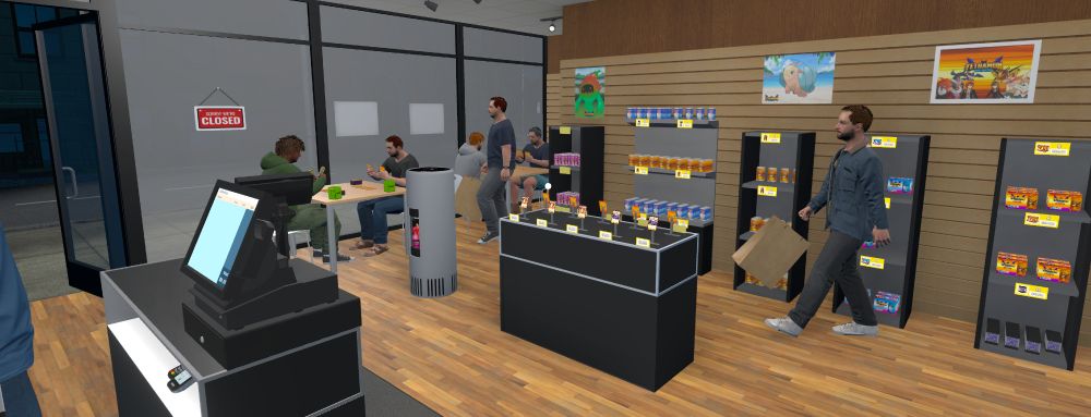 In this image: This is a screenshot from TCG Card Shop Simulator showing a typical Pokemon-esque card game being played by people seated near a storefront window while shelves full of trading cards and other accessories, such as dice and card boxes sit nearby.  There is a rack of rare collectible cards in the center and a cash register in the fore-front.  This is a little shop I've been working on during my streams, called "Mage's Cave".  It's slowly but surely growing in both popularity and success and I really love how there are actual booster packs that you can open so you can sell rare cards.  Great game!  I usually stream this Wednesday night or Weekends.