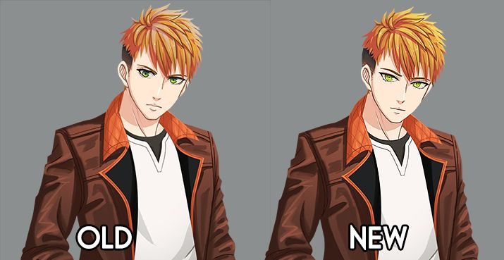 A portrait of a man with orange hair and green eyes, with an old version and a new version. In the new version, he has slight sharper eyes.