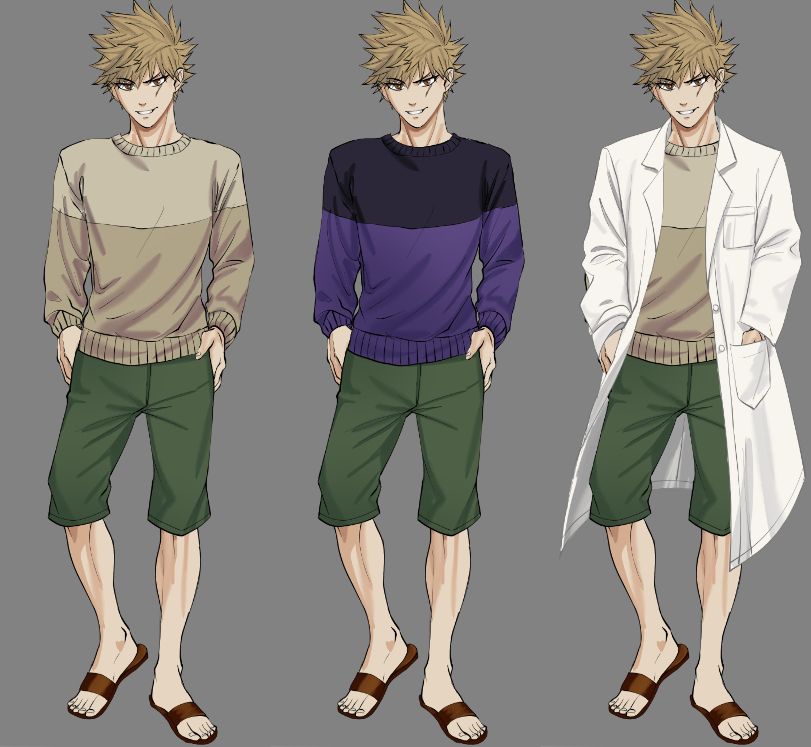 Full body portraits of a male character in his mid-twenties wearing green shorts and a white labcoat. Dusty spiky hair and a scar under his left eye.