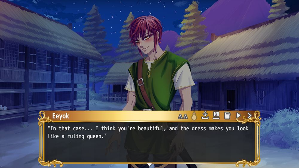 Eeyok, a redheaded knight in a green tunic says: "In that case... I think you're beautiful, and the dress makes you look like a ruling queen."
