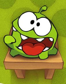 the mascot from cut the rope with its mouth open and pointing at his mouth