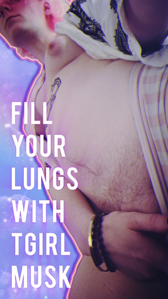 Mari, straddling the camera, looking down on you. She hides her cock behind her hand as she pulls her panties down to show off her bush. She's wearing bangles. Text over the image reads "Fill your lungs with tgirl musk"