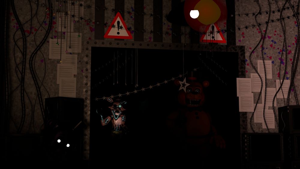 An SFM render of the office, as the guard shines his flashlight to reveal a few critters standing menacingly.