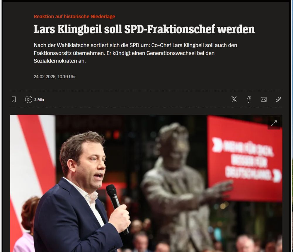 Das Bild zeigt die Überschrift eines Spiegel-Artikels mit dem Titel "Lars Klingbeil soll SPD-Fraktionschef werden" und ein Foto von Lars Klingbeil.