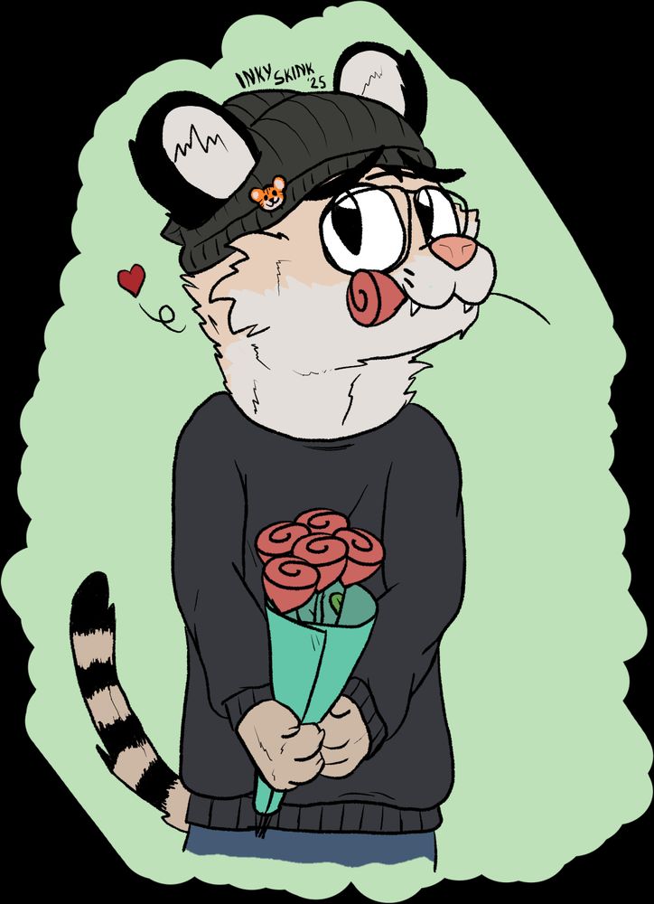 An adorable anthropomorphic tiger in a beanie and sweater smiling at the camera holding a bouquet of roses, one of them is removed and placed in the tiger's mouth.