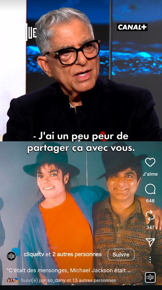 Capture d'un reel Clique TV avec Deepak Chopra en itw, photo de lui et Michael Jackson